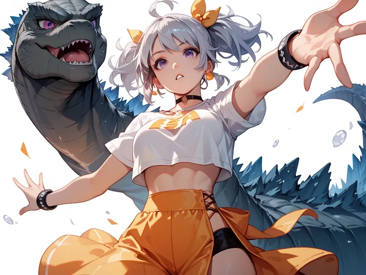 chica estilo anime,  silver hair hand sign with 2 pigtails,  purple eyes, Breasts 34C, Godzillas tail ,  outstretched arms , Head looking down,  look up ,  from waist up , fighting clothing ,  white background