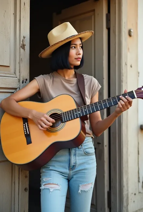 Low Angle Shot by Professional Photographer, Realistic, Full Body and Environment. Asian Woman, 40s, Dark Skin, Short Straight Black Hair, Leaning against an Aged Wooden Door, In Front of a Very Old Door, Not Looking at the Camera. On Her Head is an Old St...