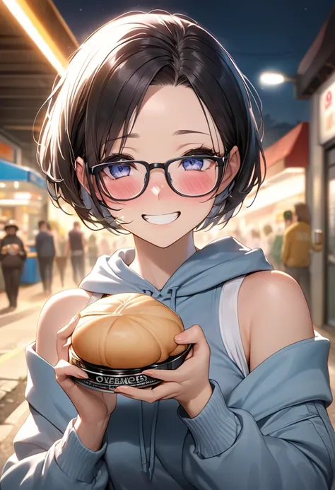 RAWphoto,photorealistic,8k16k,best quality,perfect anatomy,perfect detailed,ultra highres, extremely detailed eyes and face,gleaming skin,shiny skin,1girl,Japanese,black short hair,pixie cut, (wearing glasses:1.3),(parted bangs,forehead:1.2),round face,med...