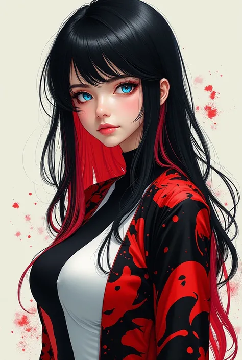 Asian girl with black hair, red hair ends, blue eyes, black mixed white blouse, red pattern, full body, manga lines