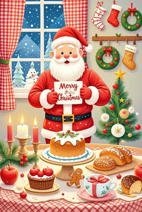 Pastel Art，Christmas illustration ，Plaid curtains ，The kitchen tablecloth is lined with bread、cake、Candle、glass、Christmas tree、Gingerbread Man、 apples、tableware、 with socks and Christmas wreaths hanging on the wall。 Santa holds a sign in his hand，It says M...