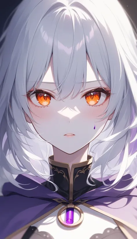  dark、Corrosive、 colorful 、 gorgeous light and shadow、whole body、 The girl&#39;s white skin、Mouth is moody、( orange eyes) eyes with blood in test tubes are blurry and dreamy。Dappled Light and Shadow, portrait,White Hair, Purple Cape、 serious face、run away、...