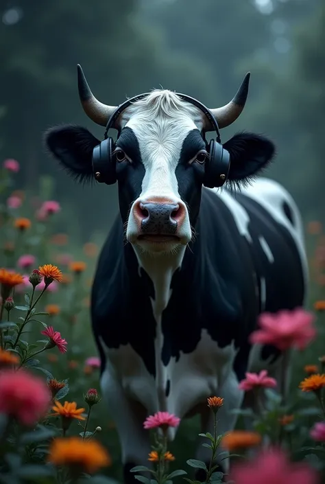 Une vacge noire et blanche qui ecoute de l’ASMR avec des écouteurs sans fil dans un lieu sombre pleins de fleurs 