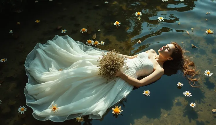 A bride in a flowing white gown, holding a wilted bouquet, lying serenely in the shallow waters of a riverbed, surrounded by floating flowers and leaves. Cinematic photography inspired by Lars Von Trier, with soft light and dramatic shadows