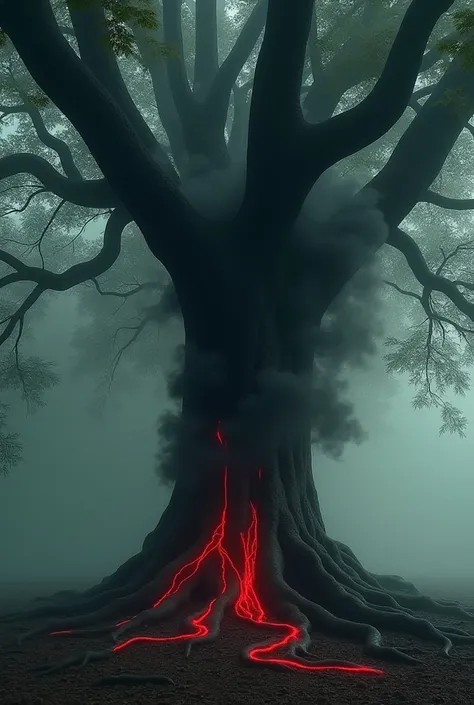 The Yakshini transforming into dark smoke and merging with the banyan tree. The tree’s roots and branches wrap around the smoke, absorbing it. The faint red veins on the tree grow brighter, pulsating ominously.