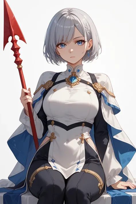    Silver Hair、   short hair、  adult female 、  standing、cool white outfit with legs crossed while sitting on a chair 、【Contemporary、  black pants 、High quality OP 、masterpiece、     high definition    、   detailed eyes、   detailed face   、  are expressionle...