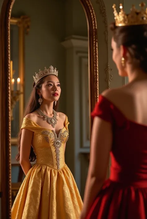 A very clear ultra hd dynamic emage of "The maid is now dressed as the queen, wearing a golden gown, crown, and jewelry. She looks at herself in a tall mirror, slightly nervous but intrigued. The original queen, now in a plain red dress, stands beside her,...