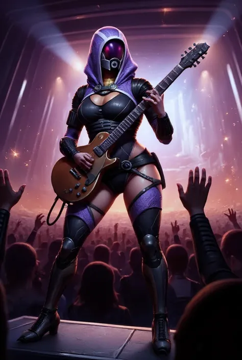 Mass effect TaliZorah with hood and mask, sexy thick thighs, playing guitar at a rock concert