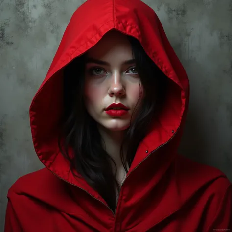 ```
[A woman in profile, her face pale and ethereal, is partially obscured by a vibrant crimson hood. The hood, a striking splash of color against the grayscale background, drapes over her head and flows dramatically behind her, suggesting movement or a se...