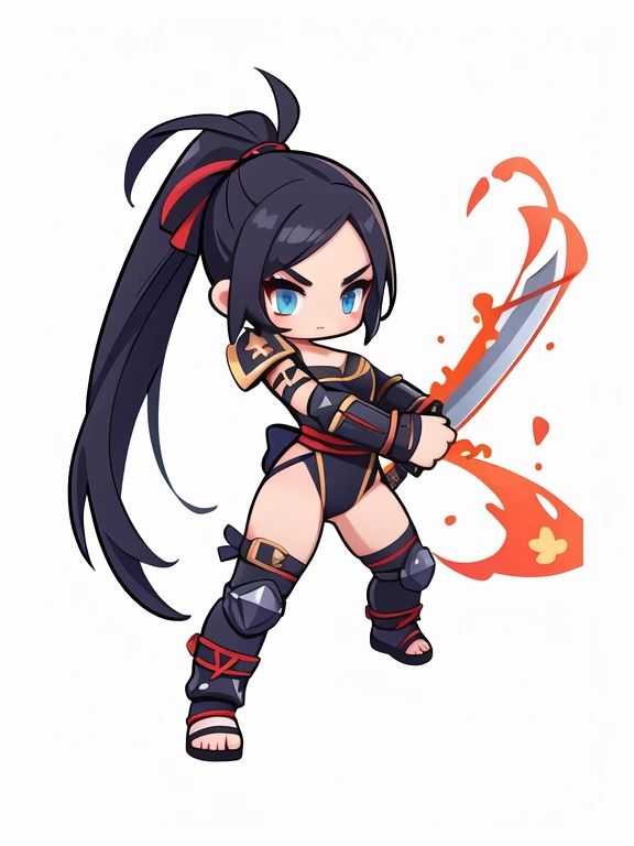 katana, kunoichi,  cute female warrior style, European RPG Warrior , Greek Style Outfit, Hero pose with a sword and wield. dynamic pose, Battle Action , (((3 tall))) , white background. Dark Black Hair , Full Body Protection , Color Eyes , Rotating and att...