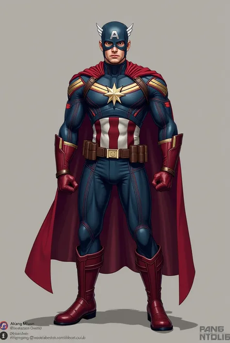 This image features a character design that combines elements of Captain America and Captain Marvel, referred to as "The King Marvel." Its a creative crossover depiction with a superhero costume that blends their iconic features, such as Captain Americas s...