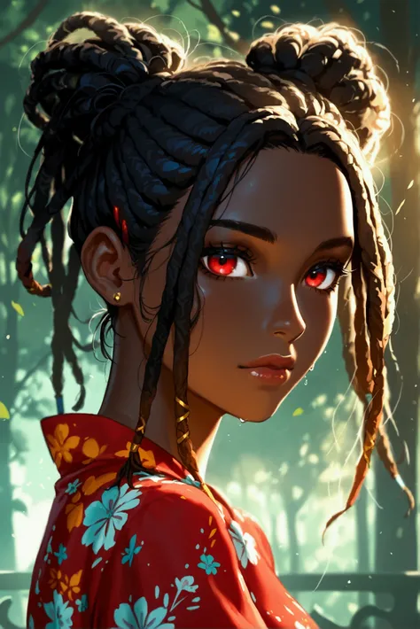 1girl with dark skin tone and long dreadlocks in twintails wearing hip clothing, Looking at viewer, Solo, High Resolution, Red Eyes, Topknot, 