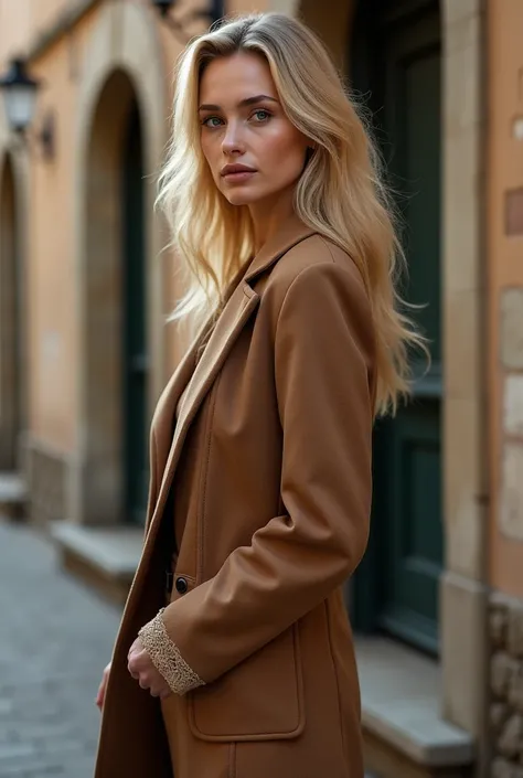 arafed woman in a brown coat posing for a picture, blonde goddess, gorgeous model, wearing a brown coat, a gorgeous blonde, lacey, perfect body and face, beautiful body and face, model, beautiful blonde girl, perfect face and body, attractive body, gorgeou...