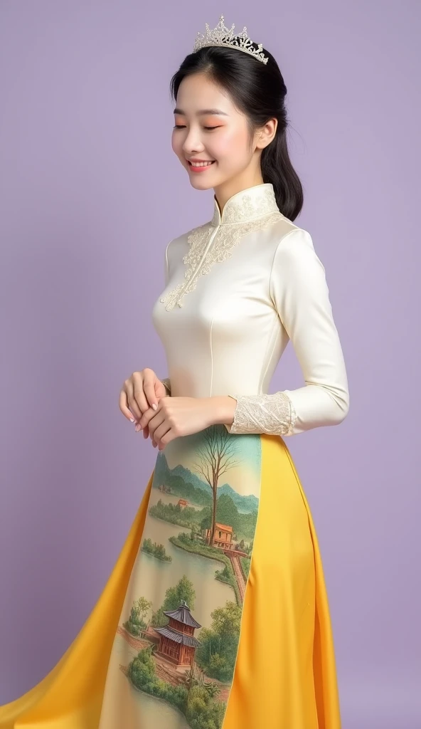 Create a realistic image of a Vietnamese woman wearing a traditional áo dài. The áo dài is distinctly Vietnamese with a long flowing design, a high mandarin collar, and long sleeves. The upper part of the áo dài is pure white with delicate lace or embroide...