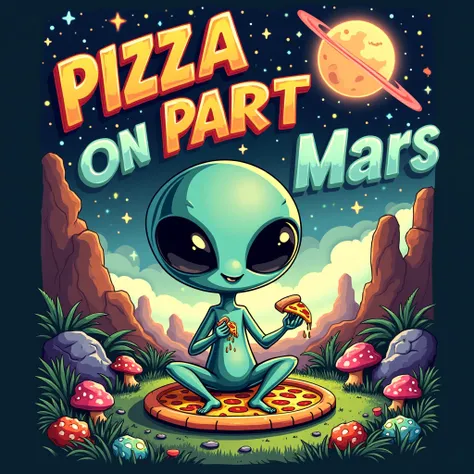 black background,realistic,playful,vibrant colors-fi t-shirt design featuring a funny humorous cheerful cartoon slender alien with an oversized head and glossy black eyes sitting on lush,vibrant grass.The alien holding a slice of pizza with dripping cheese...