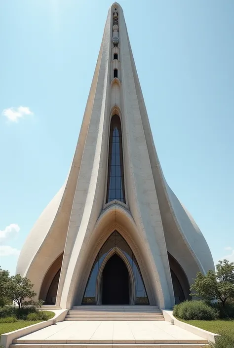 Art Neuvó ,  style church with three naves with a triumphal arch entrance under an art neuvó church tower flanked by four bronze mega-sculptures of Atlanteans and finished with a bell tower in the shape of a marine lighthouse.