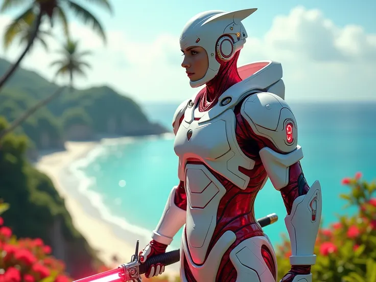 SPACE SAMURAI WARRIOR IN WHITE-RED ISLAND SUIT WITH LASER DATA 