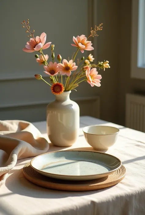  A table set with a few essential items: a small vase of fresh flowers , un piatto di ceramica mediterranea,  a linen tablecloth that recalls your kimonos .