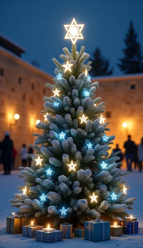 Judaism
"A menorah-shaped Christmas tree with nine glowing branches, each lit with blue and white lights. The decorations include miniature Stars of David, Torah scrolls, and dreidels. The base is surrounded by Hanukkah gifts wrapped in silver and blue pap...