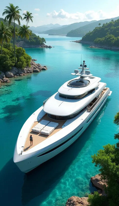  amazing views of a tropical country、１Yacht of the future of boats 、 A woman at the tip of the yacht １People standing、 shot from a distance、 real、 high res