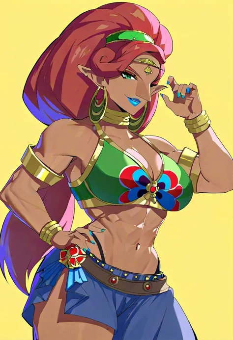 Urbosa ,  blue lipstick,  green eyes, Nomads, Red Hair, Dark Skin, Big Breasts, big breasts, big butt, nail polish ,  long hair,  ponytail,  pointed ears,  muscular, Curvy,  crop top, salon,  armlet, gem, 額のgem,  1 girl, Alone,  Facing Viewer , ( viewers b...