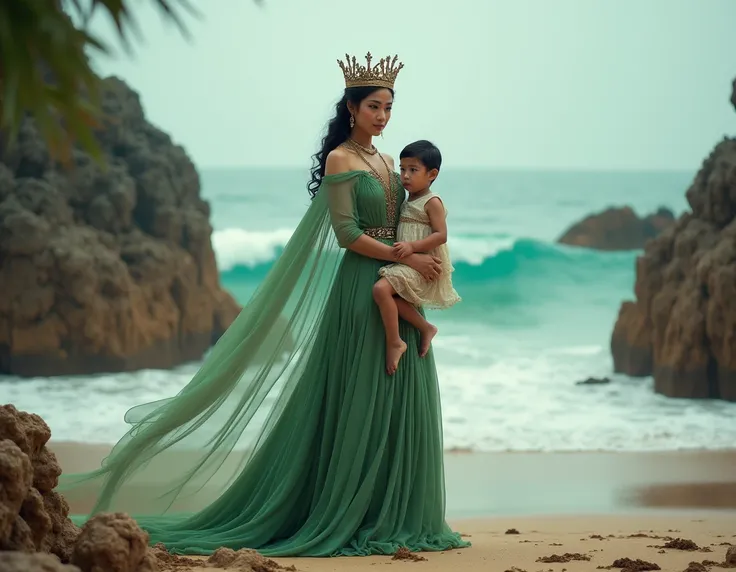 A beautiful Indonesian queen wearing a long green dress and crown is holding a  boy, the woman is like a queen, the  is wearing a simple dirty white dress, beach background, coral rocks, waves, HD image, HD quality like the original,