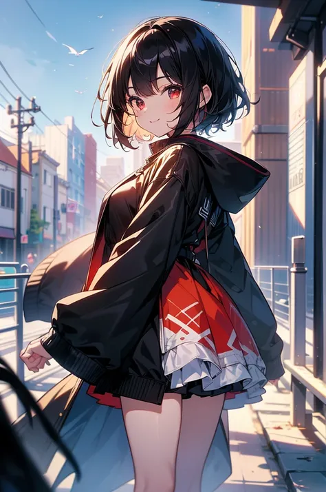 masterpiece, highest quality, highest quality, (no text), Beautiful and aesthetic:1.2),no text,anime、break,anime、break、 one girl、 dark haired girl short hair　 Slit Eyes Boyish 　adult　 beautiful eyes　red eyes, cool smile　black color coat full body outdoor