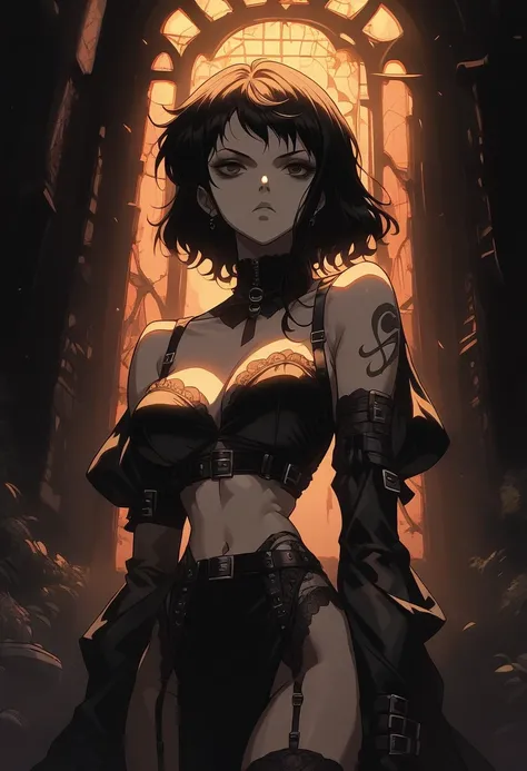 score_9, score_8_up, score_7_up, score_6_up, score_5_up, score_4_up,
solo, 
nami, gothic architecture, black leotard, black hair, small waist, eye shadow, midriff, arms spread, dagger, dark theme, exposed shoulders, black fingerless elbow gloves, black thi...