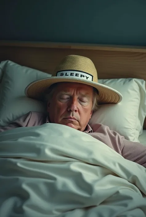 Donald Trump sleeping in a bad with a sleepy hat on