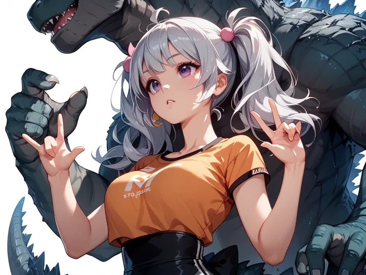 chica estilo anime,  silver hair hand sign with 2 pigtails,  purple eyes, Breasts 34C, Godzillas tail , Arms extended at chest height, Head looking down,  look up ,  from waist up , fighting clothing ,  white background