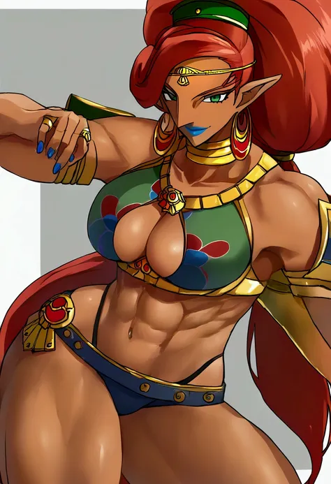 Urbosa ,  blue lipstick,  green eyes, Nomads, Red Hair, Dark Skin, Big Breasts, big breasts, big butt, nail polish ,  long hair,  ponytail,  pointed ears,  muscular, Curvy,  crop top, salon,  armlet, gem, 額のgem,  1 girl, Alone,  Facing Viewer , ( viewers b...