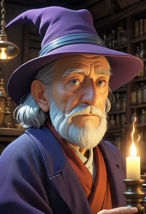 (Ghibli style). ((old alchemist, fantasy, face portrait, from studio Ghibli)). (extremely detailed CG unity 8k wallpaper, masterpiece, best quality, ultra-detailed, depth of filed, HDR:1.2). dynamic expression, detailed painting, vibrant color, intricate d...