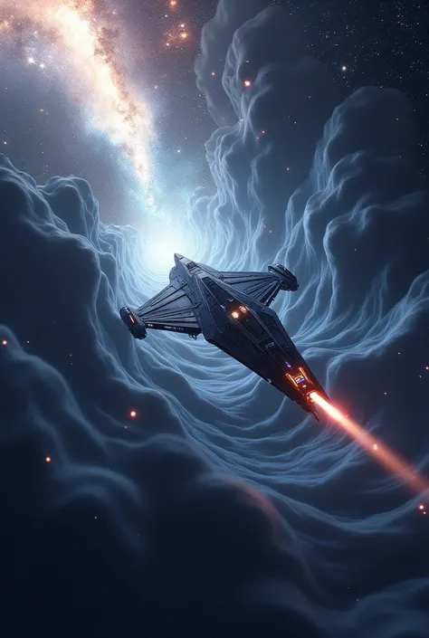 A picture of a spaceship penetrating a galaxy that looks sepwrti a fold of paper and looks a bit like one of the letters of the alphabet