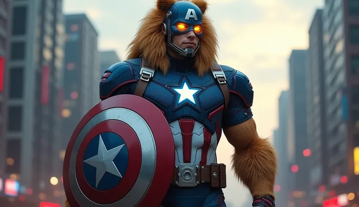 "Create an image of a powerful superhero combining Captain Americas iconic features with the majesty of a lion. The character wears an advanced, futuristic suit, incorporating sleek armor plates and glowing blue accents that enhance the traditional red, wh...