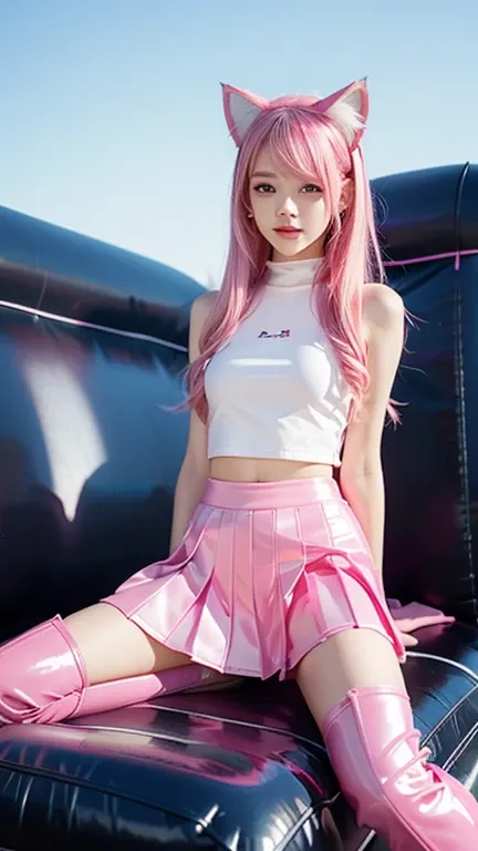  teenager with pink hair, slim model, Latex top  ,  pleats latex skirt pink,  latex arm warmer ,  knee-high latex boots, Cat ears, bouncy castle  ,  realistic , 