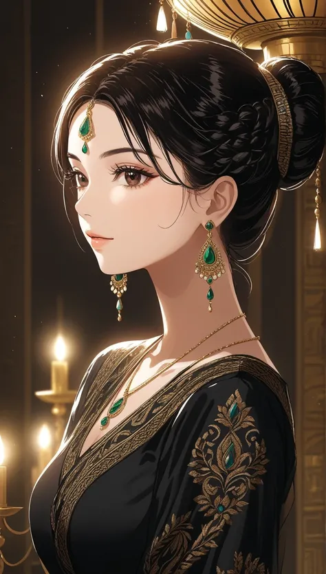 "1 woman, mature, hair braid bun, wearing a traditional Indian-style top with intricate embroidery, paired with a black dazzle design. She is adorned with Egyptian long chandelier earrings, exuding an alluring and detailed Indian charm."