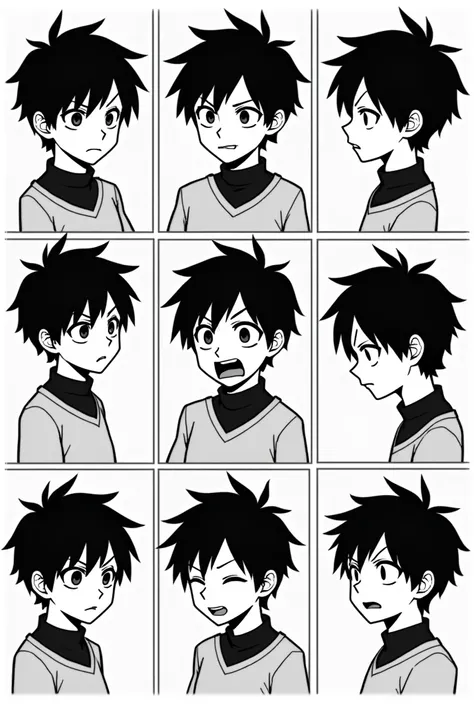  Concept Art of a Character.. 1boy, with black hair. Multiple expressions. panel manga. Manga style.  black and white. black sweater.