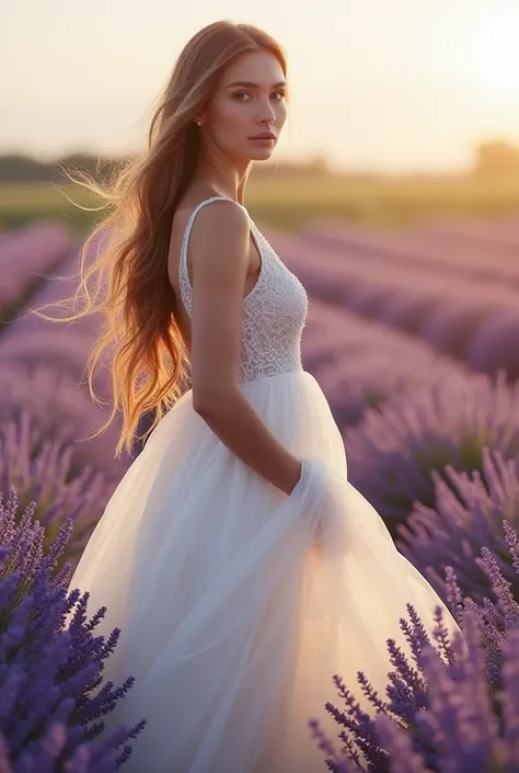 Design a photo-realistic portrait of a beautiful woman dressed in a flowing white gown, standing amongst a field of lavender. The sunlight catches the delicate details of her dress, creating a soft, ethereal glow.

