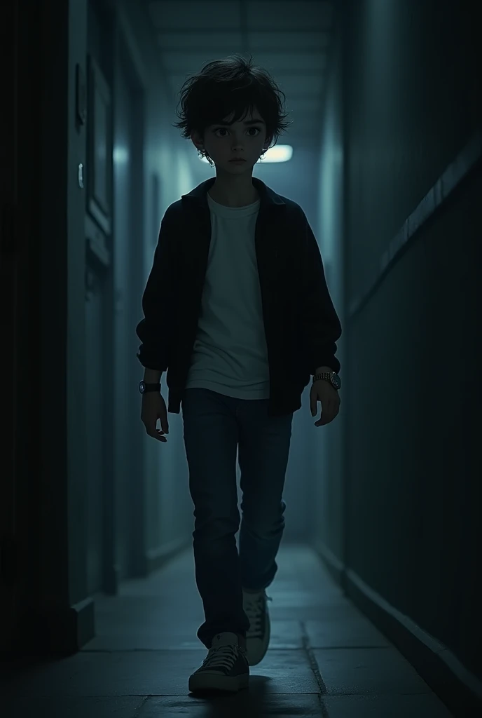 A  boy wearing a white t-shirt and black jacket wears a watch, walk in a dark hallway