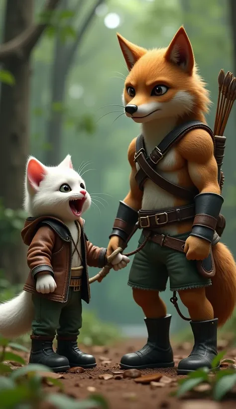 In cinematic 3D style, HD image, realistic image, colourful image.
Character, white baby cat wearing brown jacket and green jeans and black shoes.
Character,A muscular body big brownwolf with bright brown ears, holding a bow and arrows The wolf is wearing ...