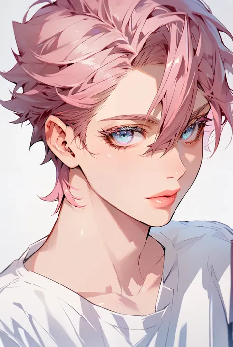 1boy, Solo, High Resolution, Simple background, Hair Between Eyes, Bangs, Pink Hair, Short Hair, twink body, curvy, man with feminine features, beautiful light blue eyes, long eyelashes, glossy lips, white shirt, half of the body showing