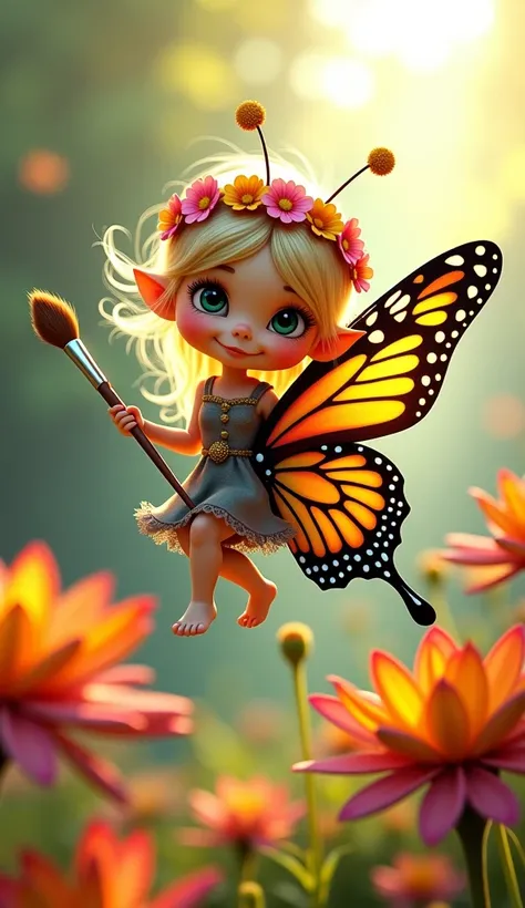 A mischievous pixie with a flower crown perches on a butterfly, holding a tiny paintbrush. The butterfly flutters through a vibrant garden in full bloom, with sunlight creating a kaleidoscope of colors.