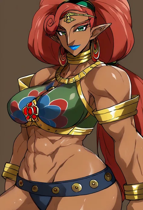 Urbosa ,  blue lipstick,  green eyes, Nomads, Red Hair, Dark Skin, Big Breasts, big breasts, big butt, nail polish ,  long hair,  ponytail,  pointed ears,  muscular, Curvy,  crop top, salon,  armlet, gem, 額のgem,  1 girl, Alone,  Facing Viewer , ( viewers b...