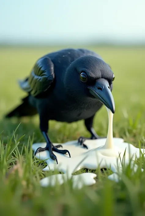 A crow drinking milk on the field 