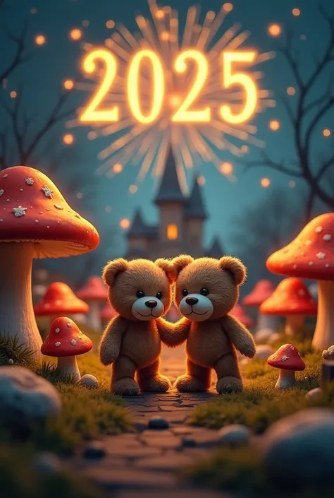 New year blessing, 2 baby teddy bear, mushroom valley, illuminated stars on mushrooms, nighttime, background firework on sky, castle, “2025” “HAPPY NEW YEAR” word in red yellow in “bailey” font style in large size, fantasy, romantic style 