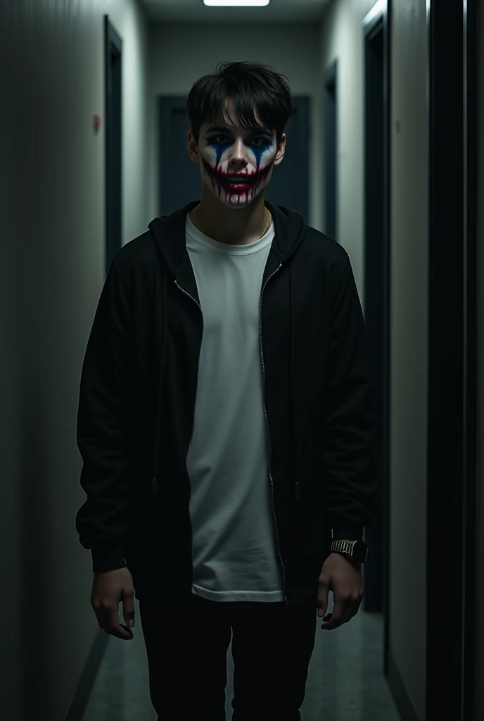 A  boy wearing a white t-shirt and black jacket wears a watch, walks in a dark hallway and emerges the man with his garish face wearing a black jacket