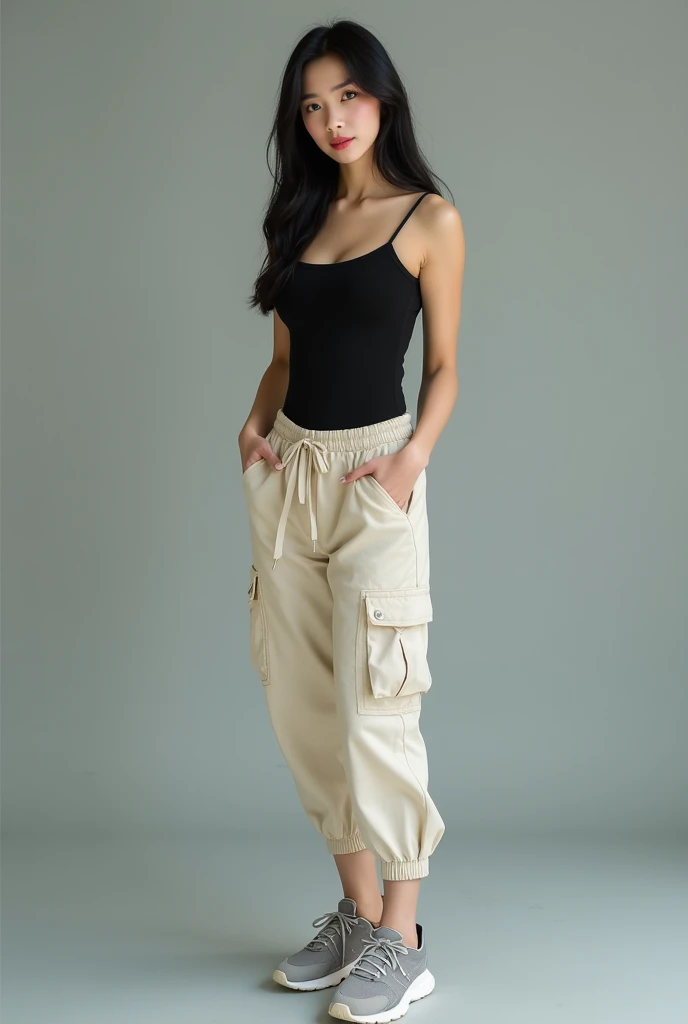 Create original photo of beautiful Asian girl wearing black tank top and cargo pants in cream color sneakers in gray 