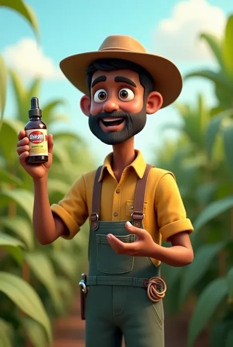 Create 3d animated style image of A farmer (Hunni) holding a small, labeled bottle of MBF Company Kem Insecticide, gesturing as he explains how to use it for pest control, standing against the backdrop of the damaged crops.