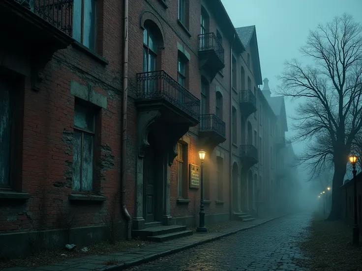 An eerie, decaying exterior of an old, haunted apartment building under a dark, oppressive sky. The building is made of crumbling red bricks, weathered by time and neglect, with cracks running through the mortar and faded, broken windows. Some windows are ...