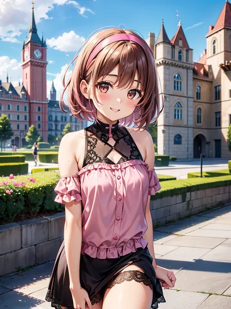  4K quality,  cute,  brown eyes,Brown Hair,20-year-old woman,1 person,  small breasts, pink blouse with open shoulders and lace, black lace mini skirt right in front of the castle ,   pink hair band ,  landmine fashion,smile,  short hair , Blurry Backgroun...